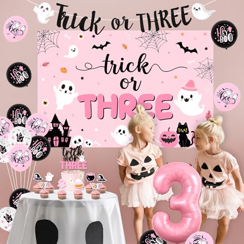 Halloween 3rd Birthday Decorations Kit for Girls Pink Black Ghost Balloons Banner Cake Topper