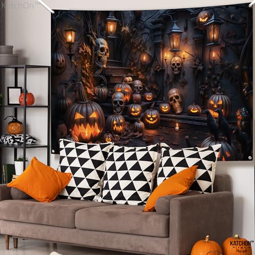 Halloween Backdrop 72x44 Inch - Spooky Haunted Mansion Scene - Orange & Black Variation