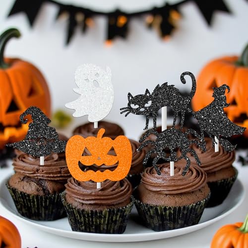 30 Pack Halloween Cupcake Toppers Ghost Pumpkin Bat Witches Party Decor