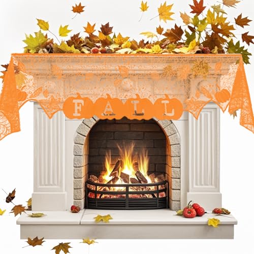 Fall Fireplace Mantel Scarf Orange Lace Decor for Thanksgiving and Halloween
