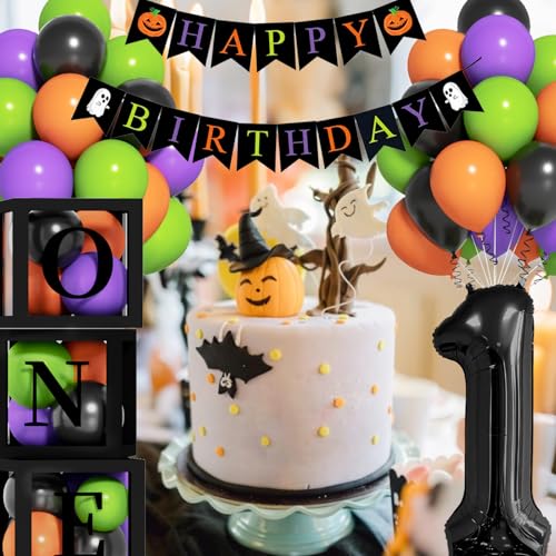 Halloween First Birthday Balloon Set with Number 1 Foil Balloon Banner and Colorful Balloons - Black, Orange, Purple, Green - Variation: Black Green Purple Orange