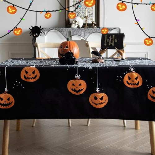 Rectangular Halloween Tablecloth 60x84 Inch Waterproof Pumpkin & Spider Web Design - Washable Party Decor