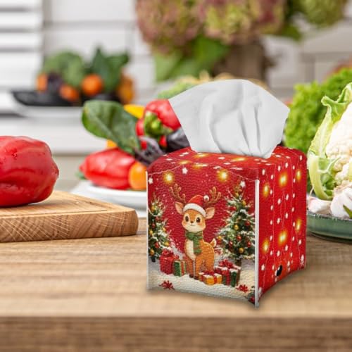 Christmas Reindeer Tissue Box Cover Square Red Home Decoration Accessory - 5x5
