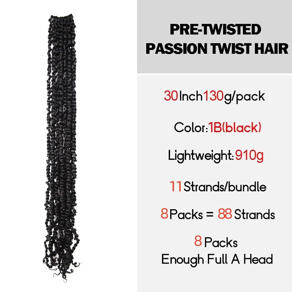 WUDAS Long Passion Twist Hair 30 Inch Pre-twisted Crochet Hair Natural Black Pre-looped Synthetic Crochet Braids (8 Packs,1B)