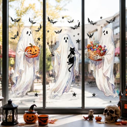 Halloween Ghost Window Clings Set - Large Static Stickers for Windows, Mirrors & Glass Doors - Variation: Halloween Style 14