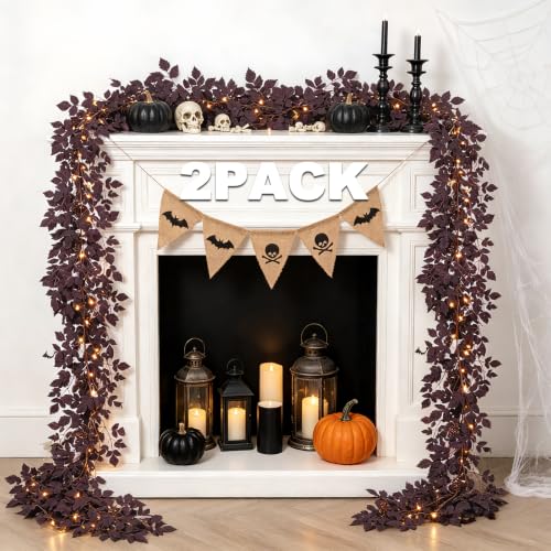 9FT Artificial Plum Cimicifuga Seeded Garland with 100 LED Lights - Fall Decor, Halloween & Thanksgiving