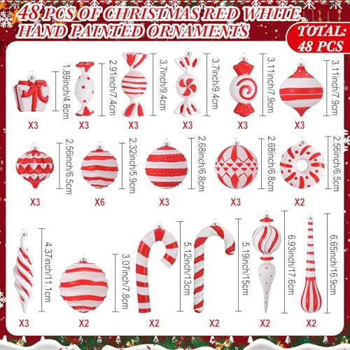 Red and White Christmas Ornaments Set - Candy Cane Holiday Decorations, Hand Painted, Shatterproof Plastic, 48 Pieces