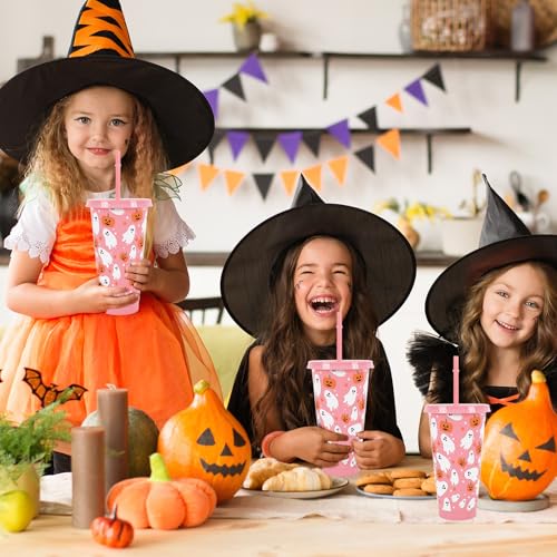 Pink Halloween Plastic Cups with Lids & Straws 24oz - Ghost & Pumpkin Design, Reusable Party Cups