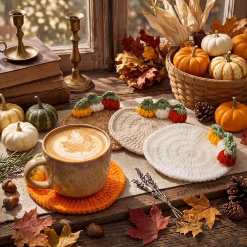 Fall Crochet Coasters Set - 3D Pumpkin Design, Orange, Brown, Beige, Terracotta - 4 Pieces
