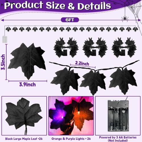Black Halloween Garland with Orange Purple Lights 3 Pack - Timer Function