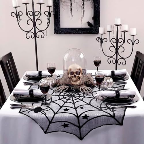 Halloween Round Lace Tablecloth - 40 Inch Black Spiderweb Design, Perfect for Parties
