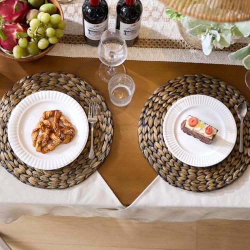 Black Woven Wicker Placemats Set of 6 - 13.8 Inch Round Water Hyacinth Table Mats