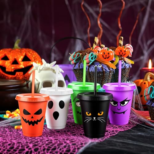 Reusable Halloween Plastic Cups with Lids & Straws - 16 oz Party Set