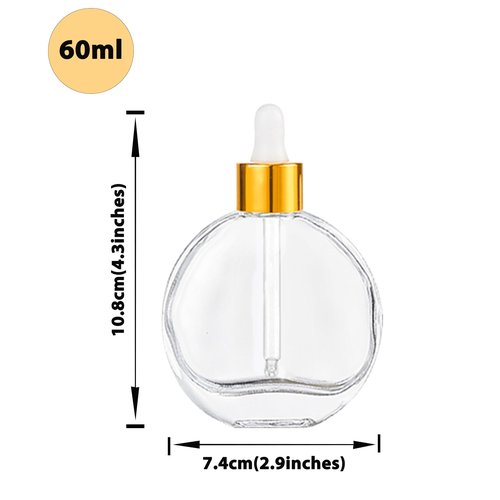 AGENIZ Clear Dropper Bottles 2 OZ 6 Pcs Transparent Round Flat Glass Bottles with Eye Dropper, for Perfume Serums Hair Oils and other liquids (Clear-Gold Lids, 2 OZ)