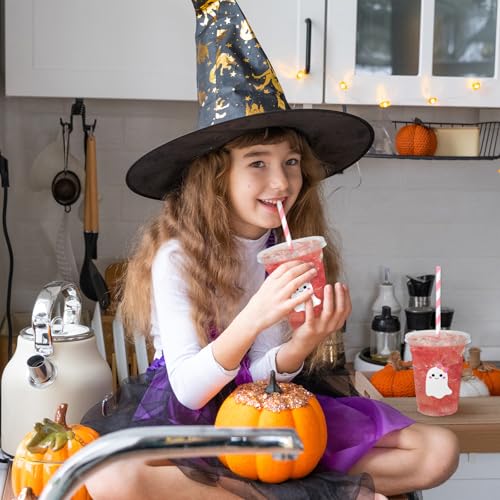 White Ghost Halloween Disposable Plastic Cups with Lids & Straws - 50 Pcs