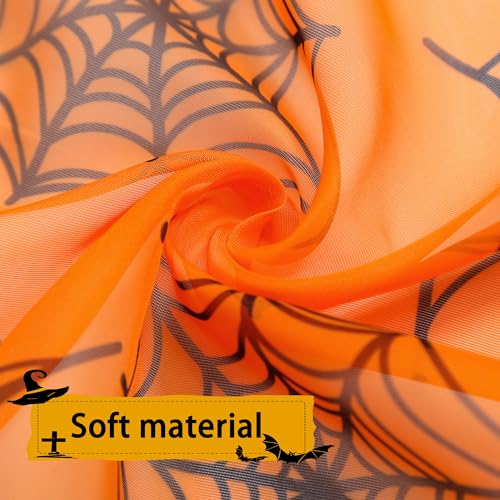 Halloween Sheer Curtains for Living Room - 52W x 63L Cobweb & Orange 2 Panel Set