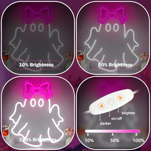 Pink Ghost Neon Sign with Bow - Halloween Wall Decor for Kids' Bedrooms