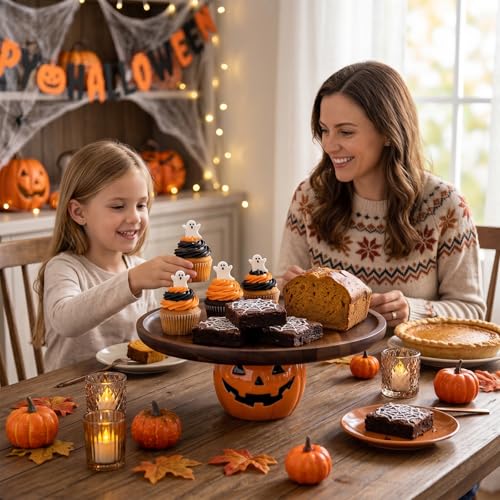 Halloween Pumpkin Cake Stand with Acacia Wood Tray and Ceramic Jack-o'-Lantern Base - Brown, 10.2 Inch