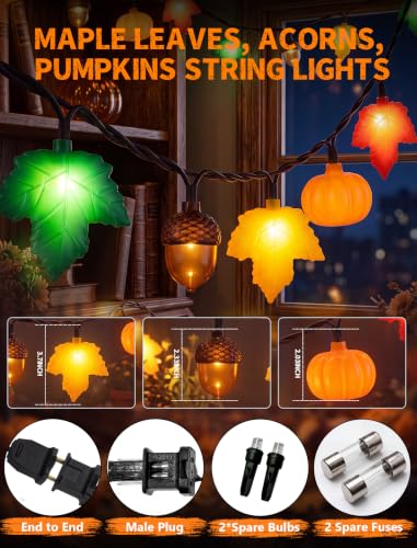 8.5FT Fall Pumpkin Maple Leaf Acorn String Lights - Outdoor Decor, Plug-in, 10 LED