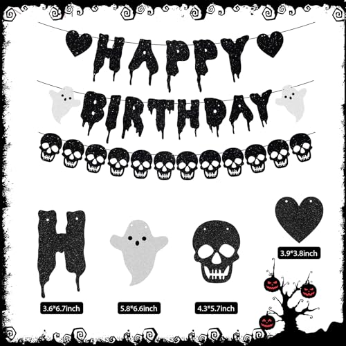 Black Glitter Halloween Birthday Banner & Skull Garland Set