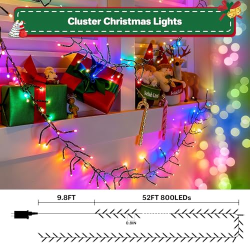 Multicolor Christmas Cluster String Lights 52FT 800 LEDs Indoor Outdoor