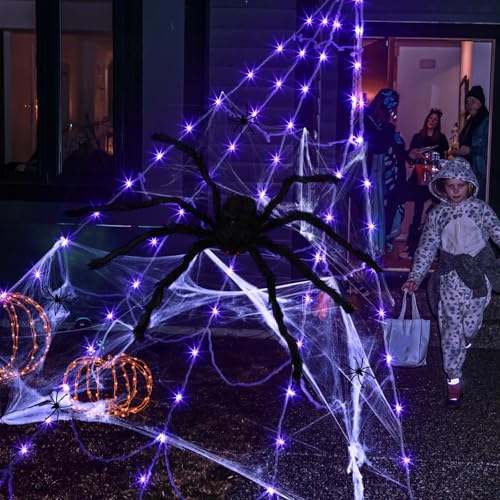 Outdoor Halloween Spider Web Lights Set - 135 LED Purple Lights & Giant Spider