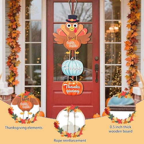 Thanksgiving Door Hanging Sign Decorations - Wooden Fall Wreath with Turkey & Pumpkin - Front Door Decor for Porch & Wall - Variation: Turkey