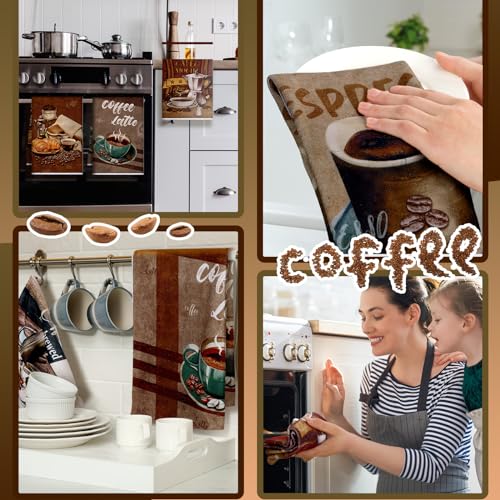 Coffee Themed Kitchen Towels Set - 6 Stylish Microfiber Dish Towels