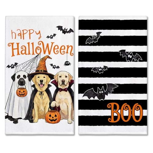 Hexagram Halloween Kitchen Towels - Black Striped Dog Hand Towels - Spooky Decor