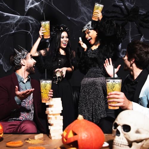Halloween Ghost Plastic Cups with Lids & Straws - 24 oz, Pack of 12 - Black Variation