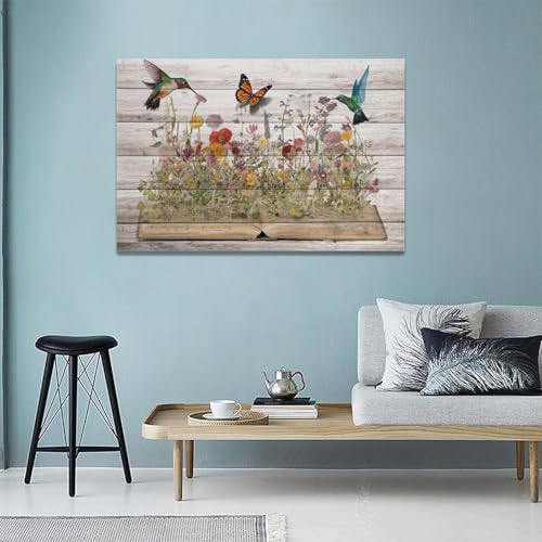 Rustic Hummingbird Wall Art Canvas Print - Farmhouse Flower Butterfly Decor, 24x16 Inches, Framed