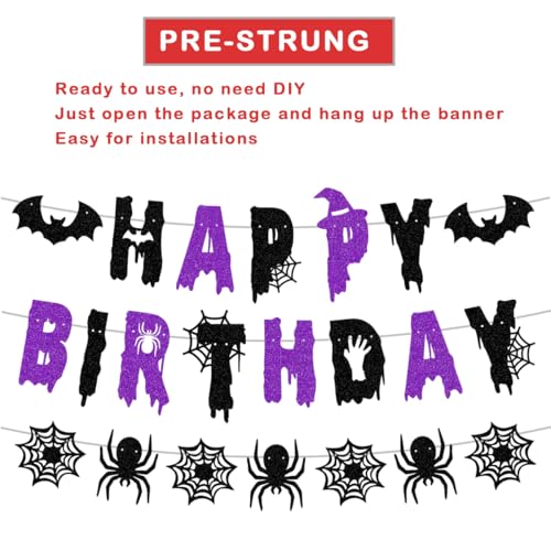 Halloween Birthday Banner Glitter Black & Violet with Spider Bats Decor