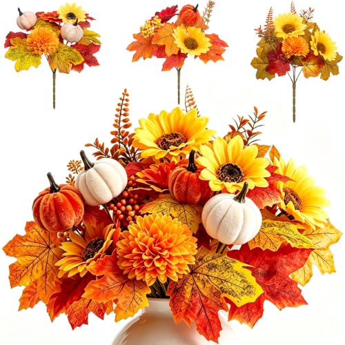 Autumn Artificial Floral Picks Set - 6 Pack Fall Silk Flowers with Pumpkins Sunflowers & Maple Leaves for Decor