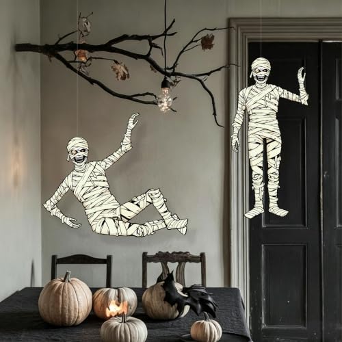 Halloween Mummy Decorations - 2 Pack Jointed Paper Mummies for Spooky Displays - Variation of Mummy / 2