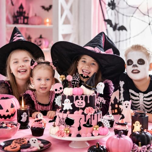 Pink Pumpkin Cake Topper Set - Halloween Cake Decorations with Hat, Flower & Bats - 30PCS - Pumpkin Variation