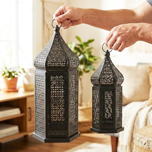 Set of 2 Black Moroccan Lanterns - 11 Inch & 15 Inch Indoor Outdoor Decor