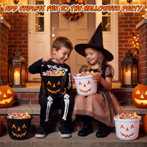 Halloween Pumpkin Candy Buckets 12 Pack - Black & White Plastic Trick or Treat Pails