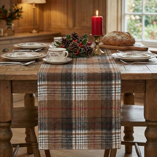 13 x 120 Inch Coffee Brown Farmhouse Plaid Table Runner - Rustic Fall Holiday Decor