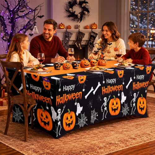 Halloween Pumpkin Ghost Spandex Tablecloth 6ft Fitted Rectangular Cover - Black, Orange, White Variation