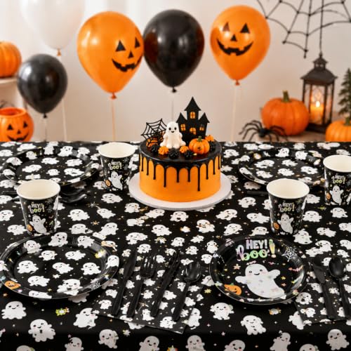 Halloween Ghost Paper Plate & Napkin Set - Black Ghost Variation, 168 Pieces for 24 Guests