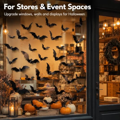 Halloween Bat Wall Decals Set - 120 3D Black Stickers for Indoor & Outdoor Decor