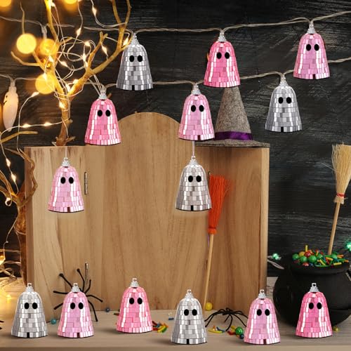 Pink 24 Pcs Disco Ghost Halloween Decorations Mirror Ornaments for Party & Holiday