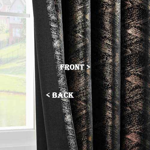 Black and Gold Velvet Curtains for Living Room - 52W x 96L, Pack of 2, Grommet Top