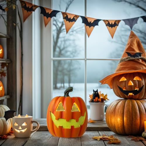 Lighted Halloween Jack-O'-Lantern Decor - 6.3 Inch Resin Tabletop Accent