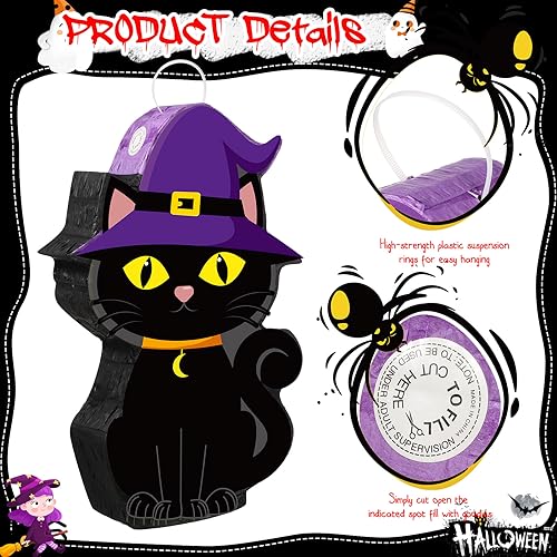 Halloween Cat Piñata with Bat Stick and Blindfold - Party Game Decor