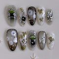 BABALAL Medium Almond Press-On Nails - Black Gothic Ghost Decvil Punk 24Pcs with Nail Glue - Variation BFNZ002