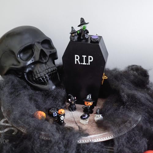 Halloween Miniature Figurines Set - Coffin & Witch Owl Skeleton Pumpkin Decor - Variation of Hat & Witch & Owl