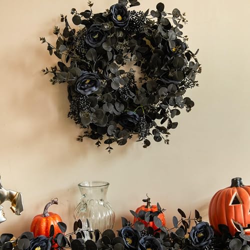 Black Garland with Flowers - 6.56ft Halloween Decorations with 8 Roses - Indoor Outdoor Wall Backdrop - Black / 1PC
