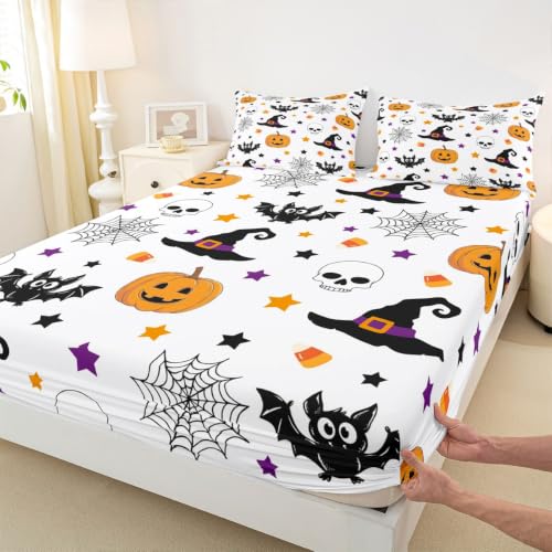 Halloween Pumpkin Decorations Gothic Bed Sheets Full Size with Spider Web & Bat Design - Multi 04
