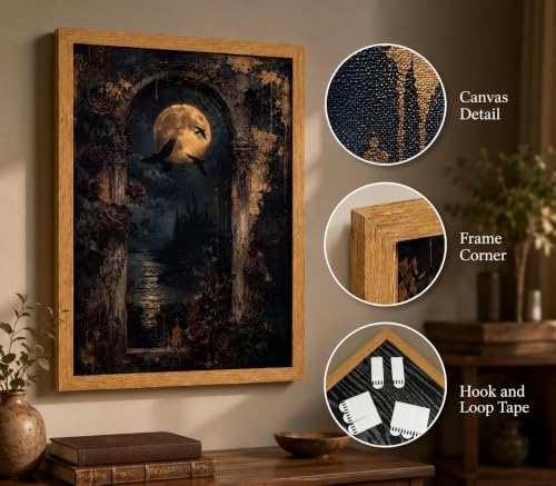 Dark Academia Moon Raven Gothic Canvas Wall Art - 16x12 Inches, Framed Night Scene for Bedroom or Gothic Home Decor